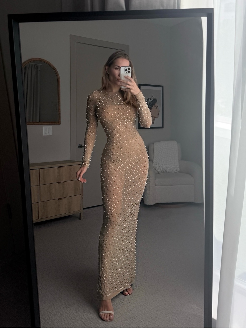 Fashion Nova Pearl & Rhinestone Maxi Dress